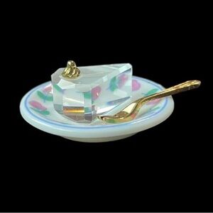 Swarovski crystal memories mini cake slice, floral plate and gold fork. With box
